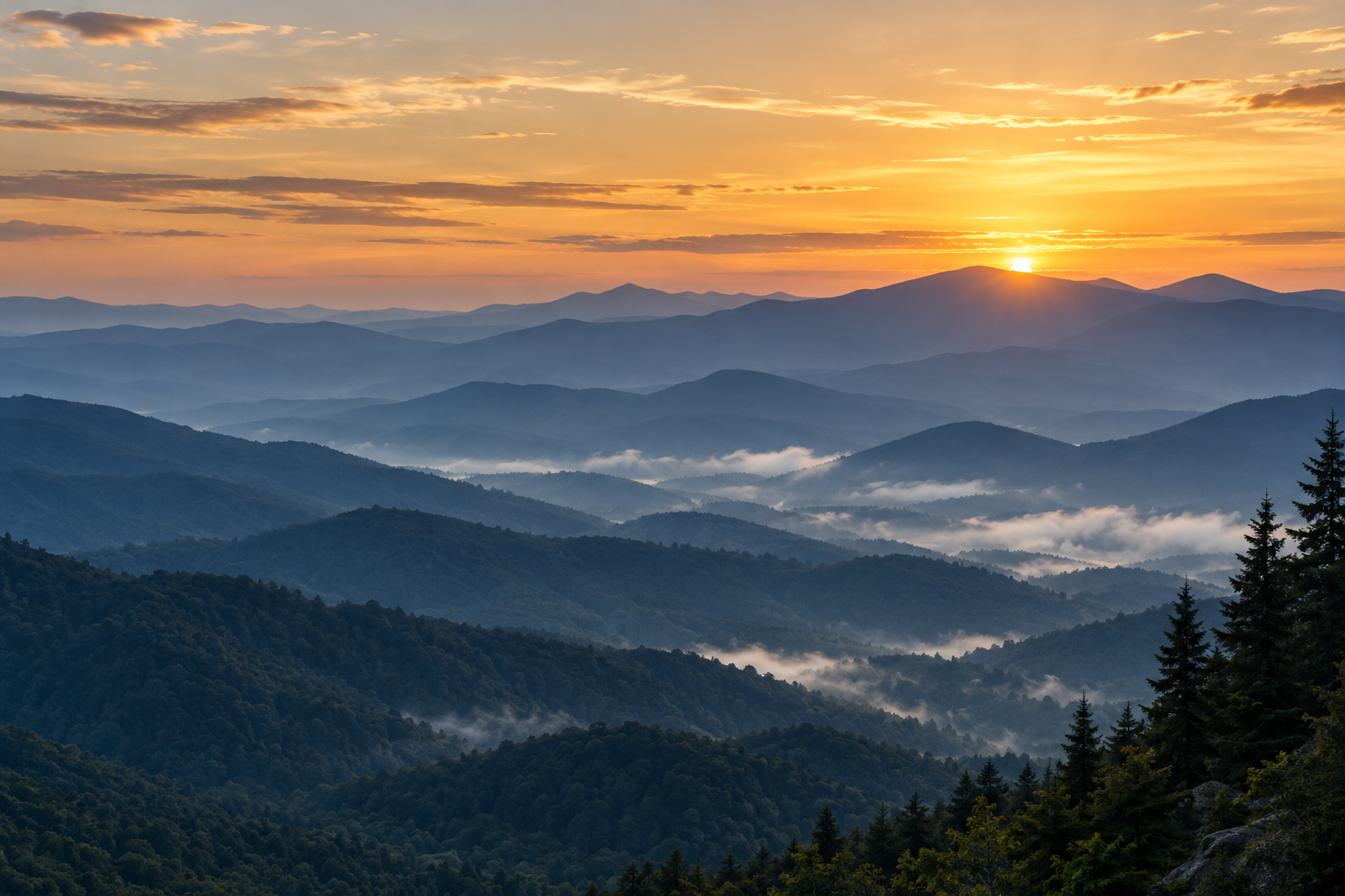 Layered blue mountain ridges stretching toward a golden sunrise